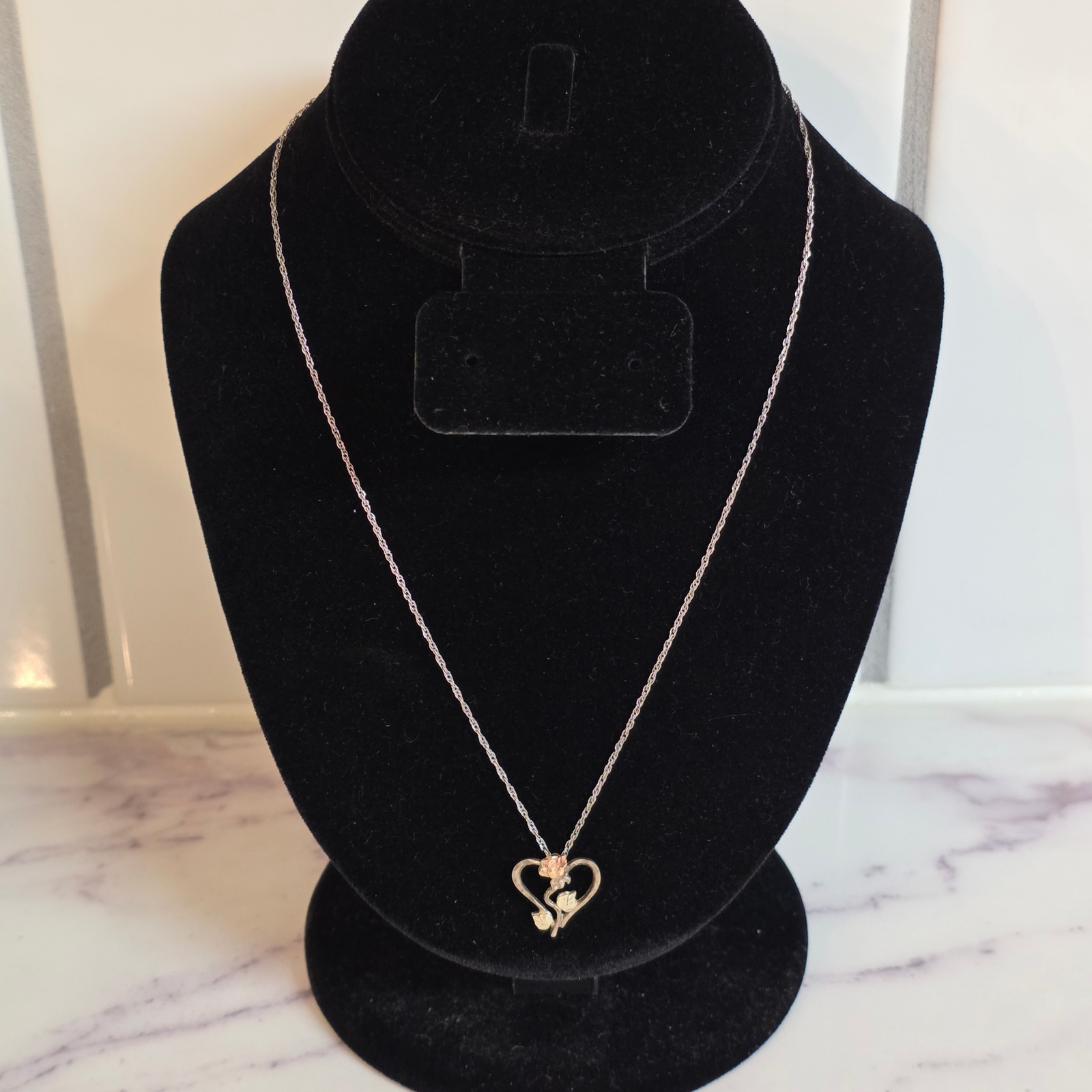 Vtg Black Hills Gold Sterling Silver 925 Rose Heart Pendant Necklace 12k Rgc 75$